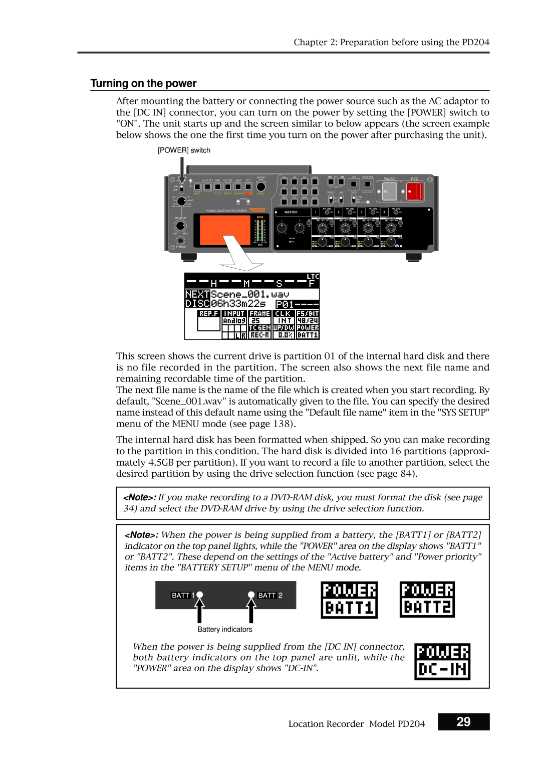 Fostex PD204 owner manual Turning on the power, Power switch 