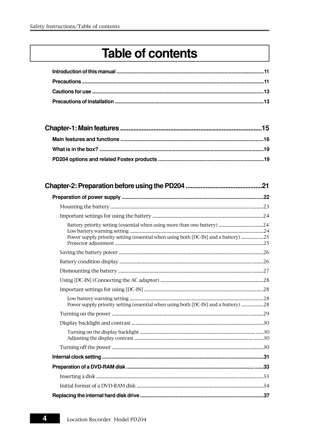 Fostex PD204 owner manual Table of contents 