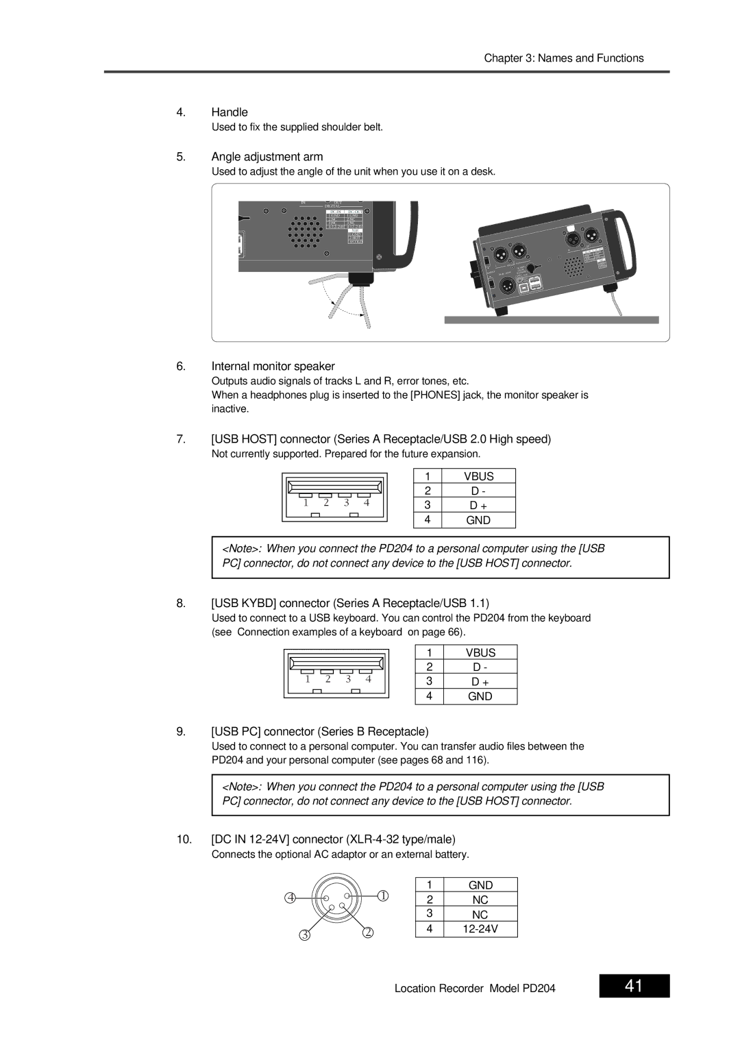 Fostex PD204 Handle, Angle adjustment arm, Internal monitor speaker, USB Kybd connector Series a Receptacle/USB 