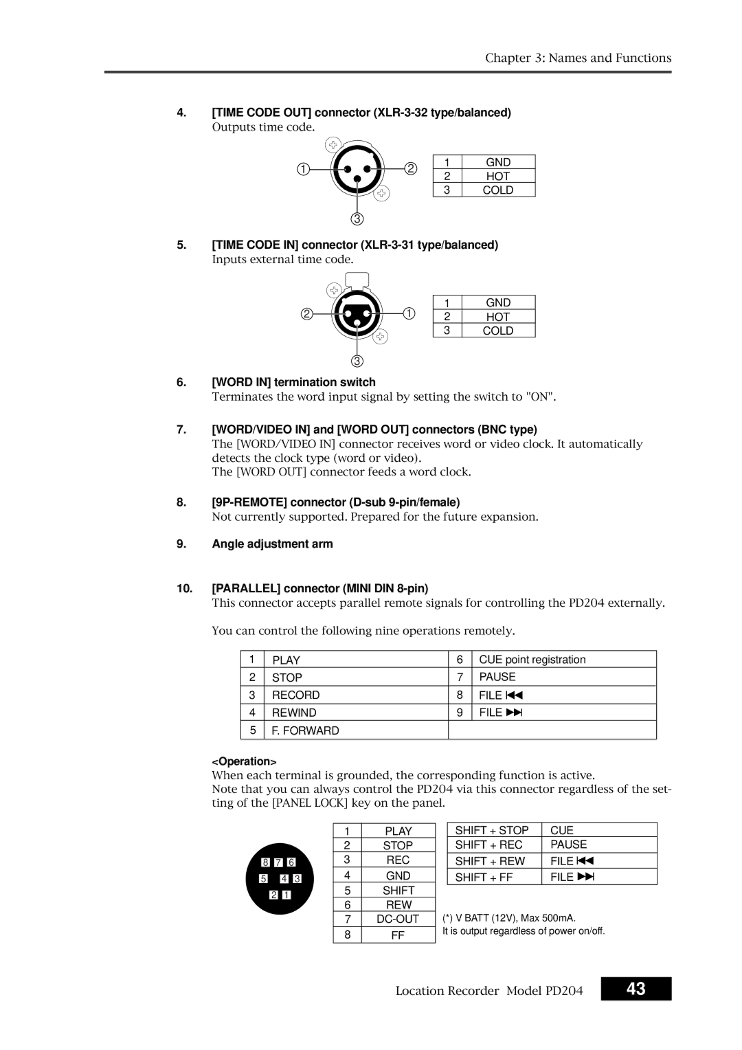 Fostex PD204 owner manual Time Code OUT connector XLR-3-32 type/balanced, Time Code in connector XLR-3-31 type/balanced 