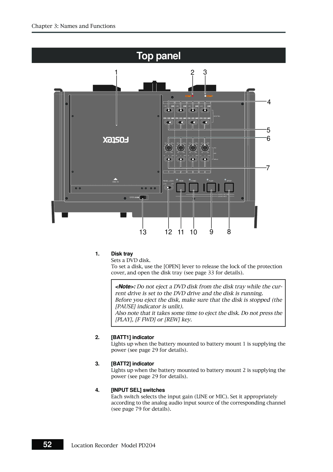 Fostex PD204 owner manual Disk tray, BATT1 indicator, BATT2 indicator, Input SEL switches 