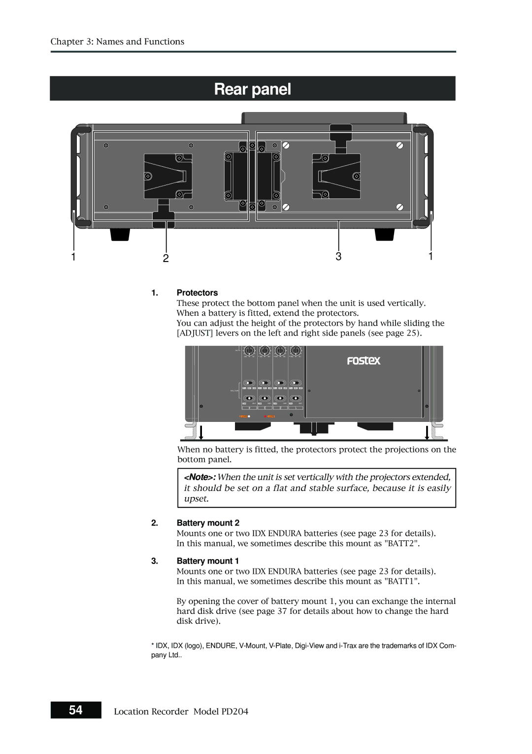 Fostex PD204 owner manual Rear panel, Protectors, Battery mount 