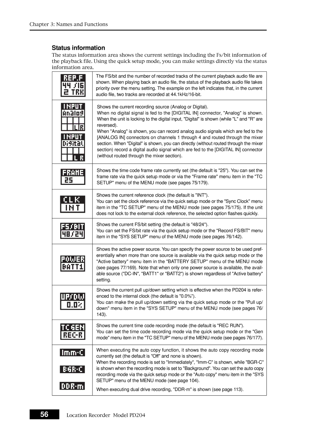 Fostex PD204 owner manual Status information 