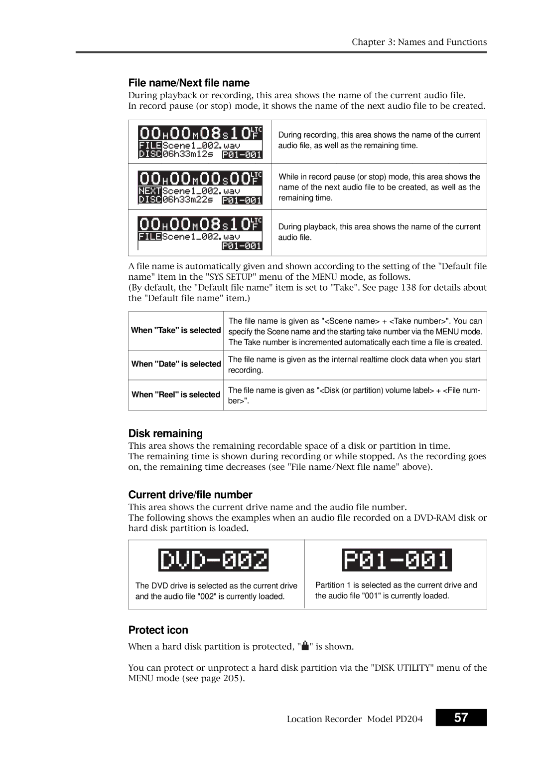 Fostex PD204 owner manual File name/Next file name, Disk remaining, Current drive/file number, Protect icon 