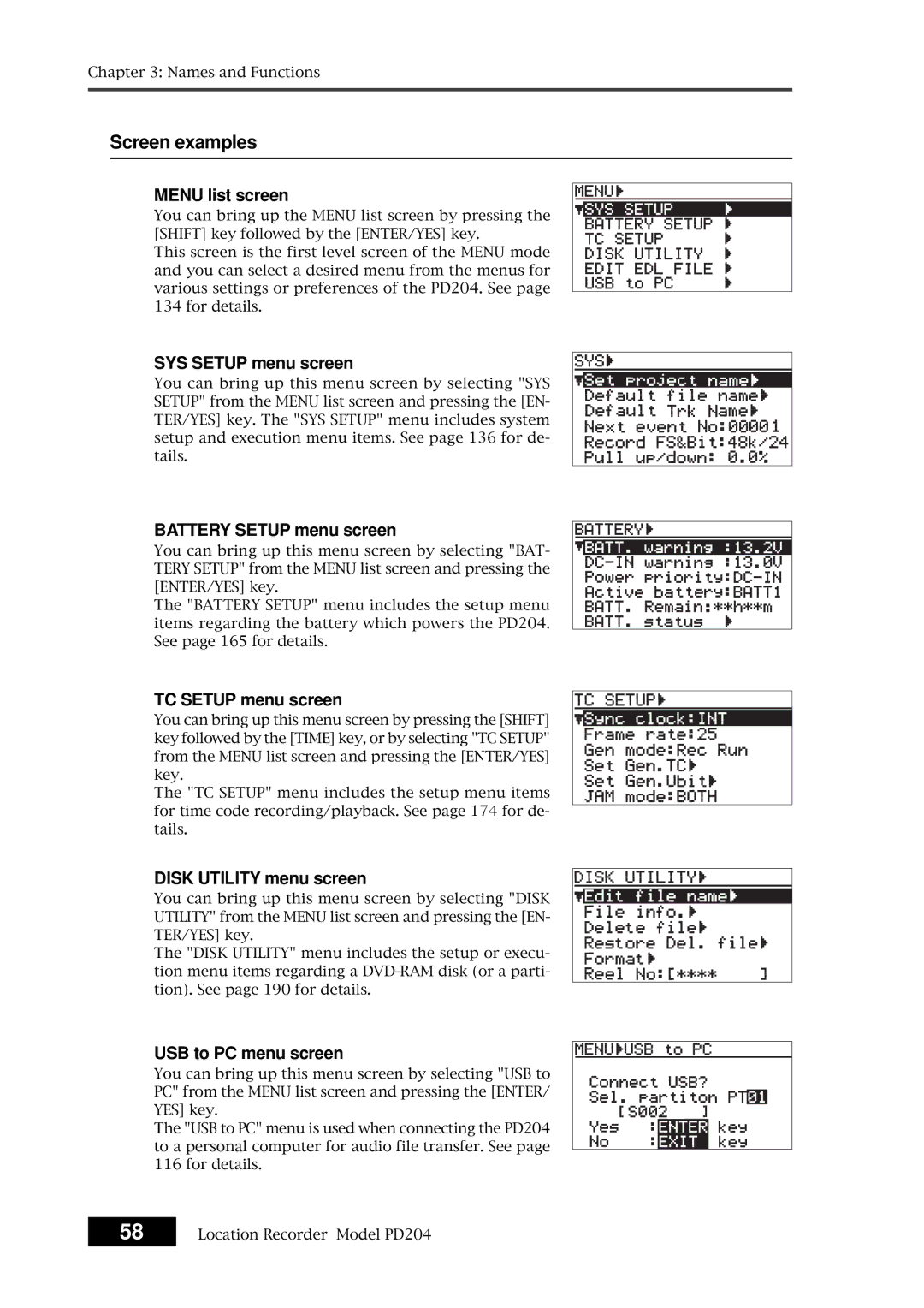 Fostex PD204 owner manual Screen examples, Menu list screen 