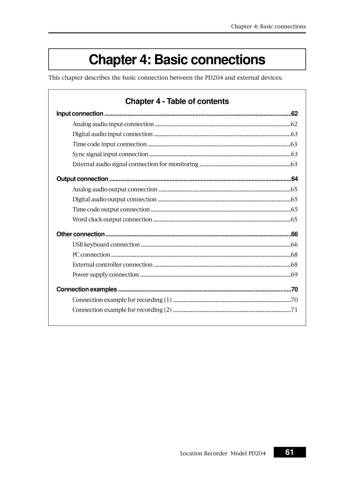 Fostex PD204 owner manual Input connection, Output connection, Other connection 