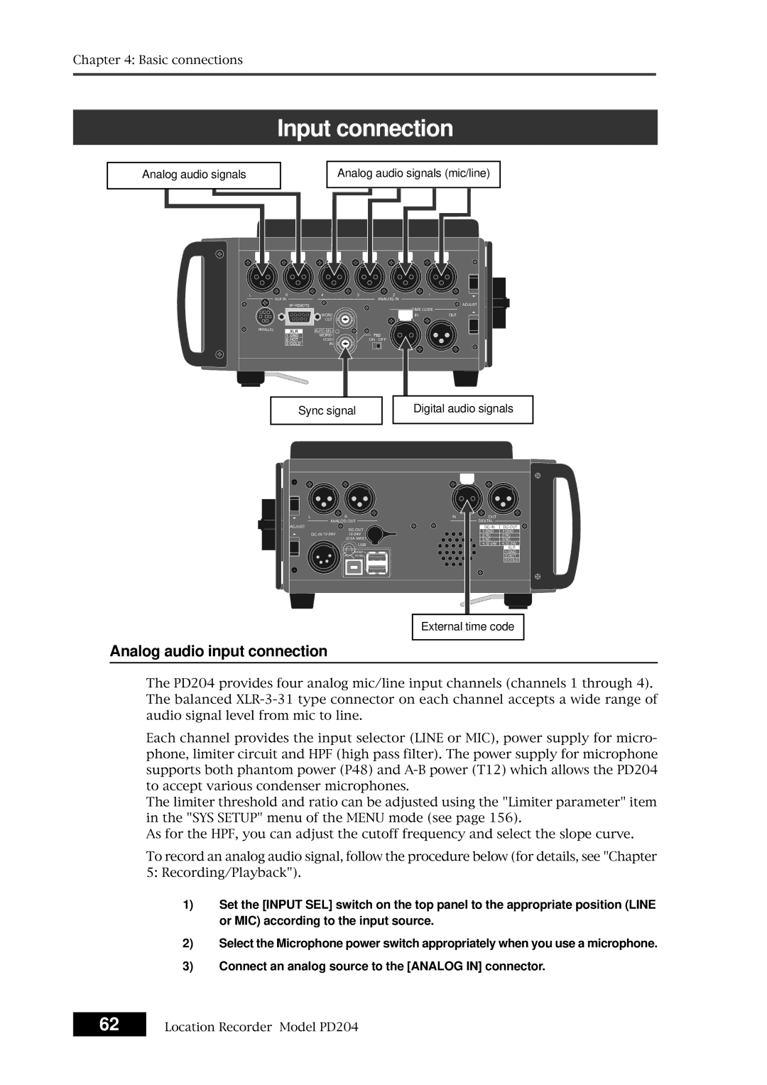 Fostex PD204 owner manual Input connection, Analog audio input connection 