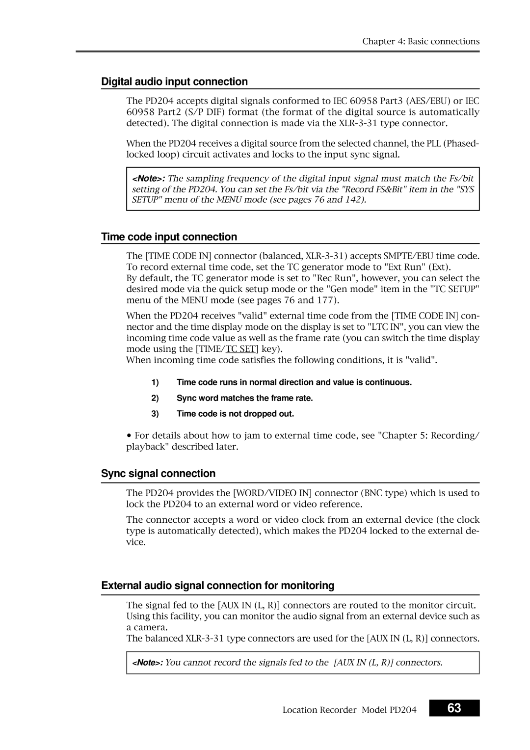 Fostex PD204 owner manual Digital audio input connection, Time code input connection, Sync signal connection 