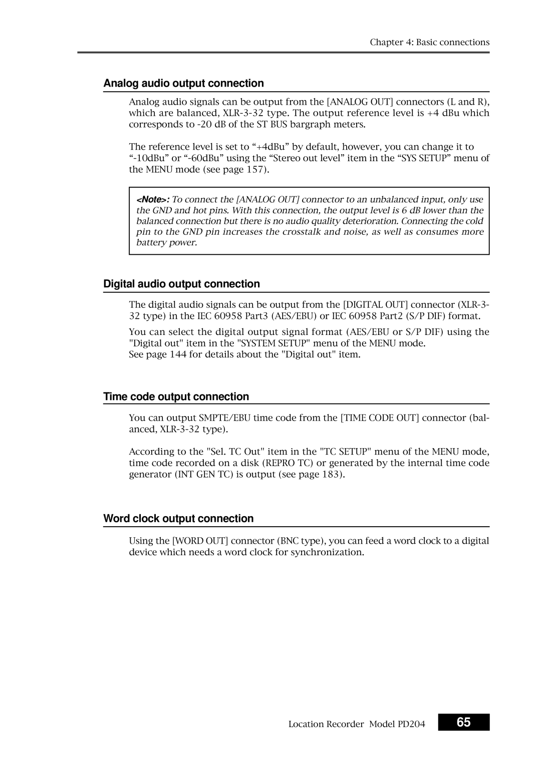 Fostex PD204 owner manual Analog audio output connection, Digital audio output connection, Time code output connection 