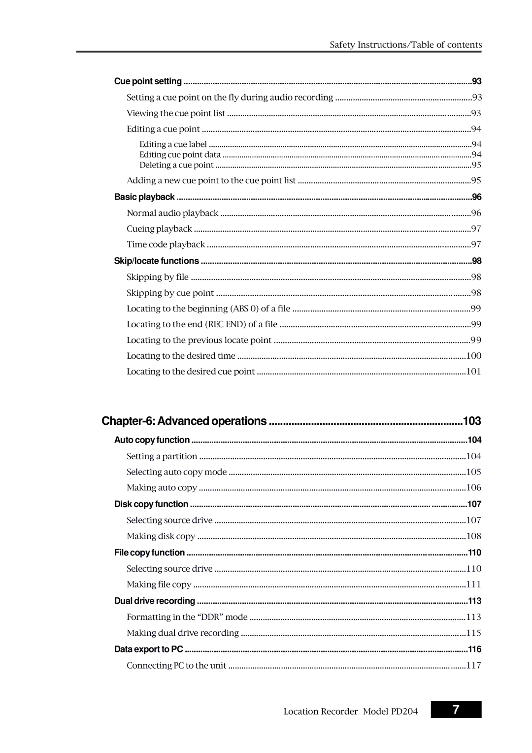 Fostex PD204 owner manual Advanced operations, Cue point setting, Basic playback, Skip/locate functions 