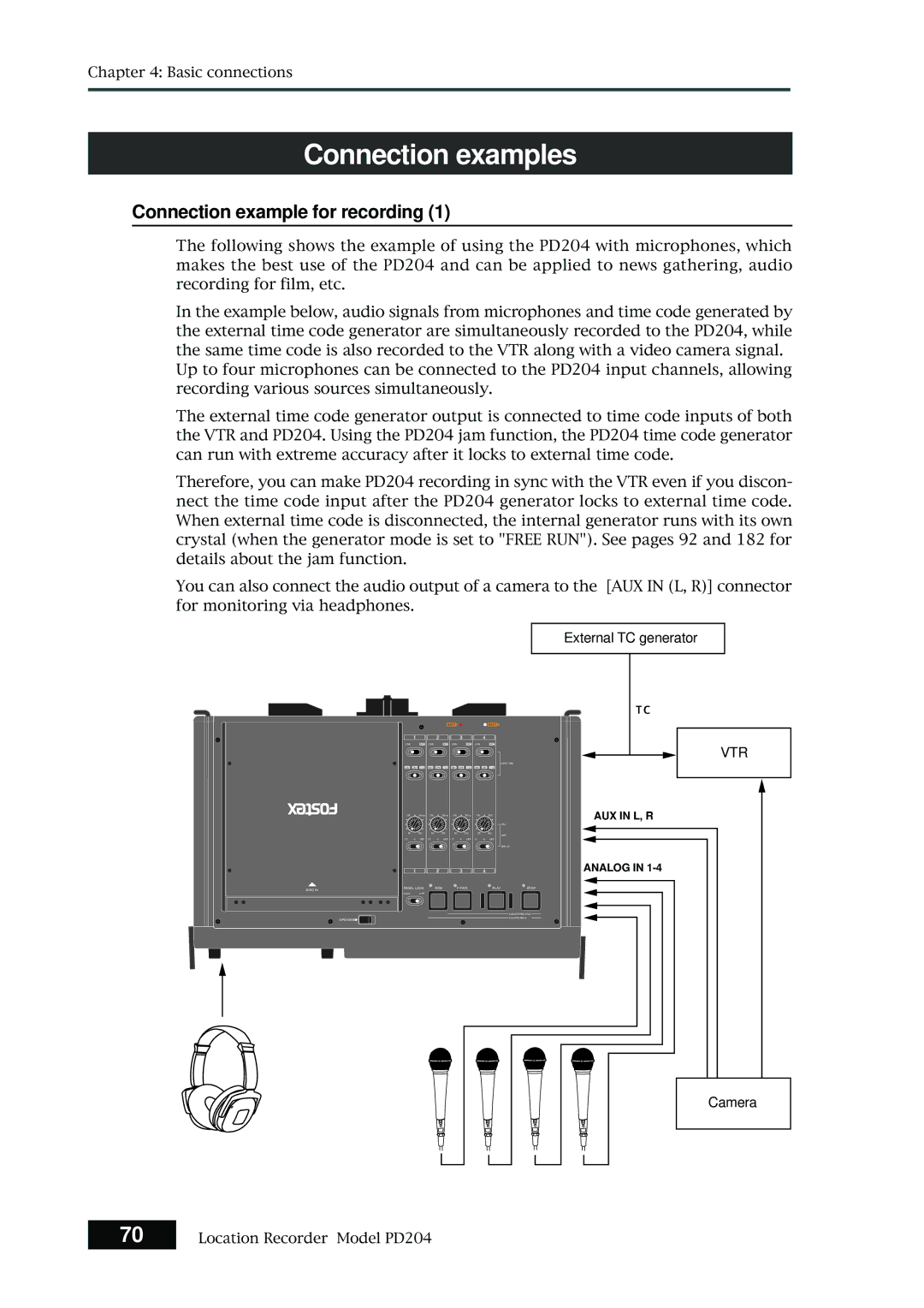 Fostex PD204 owner manual Connection examples, Connection example for recording 