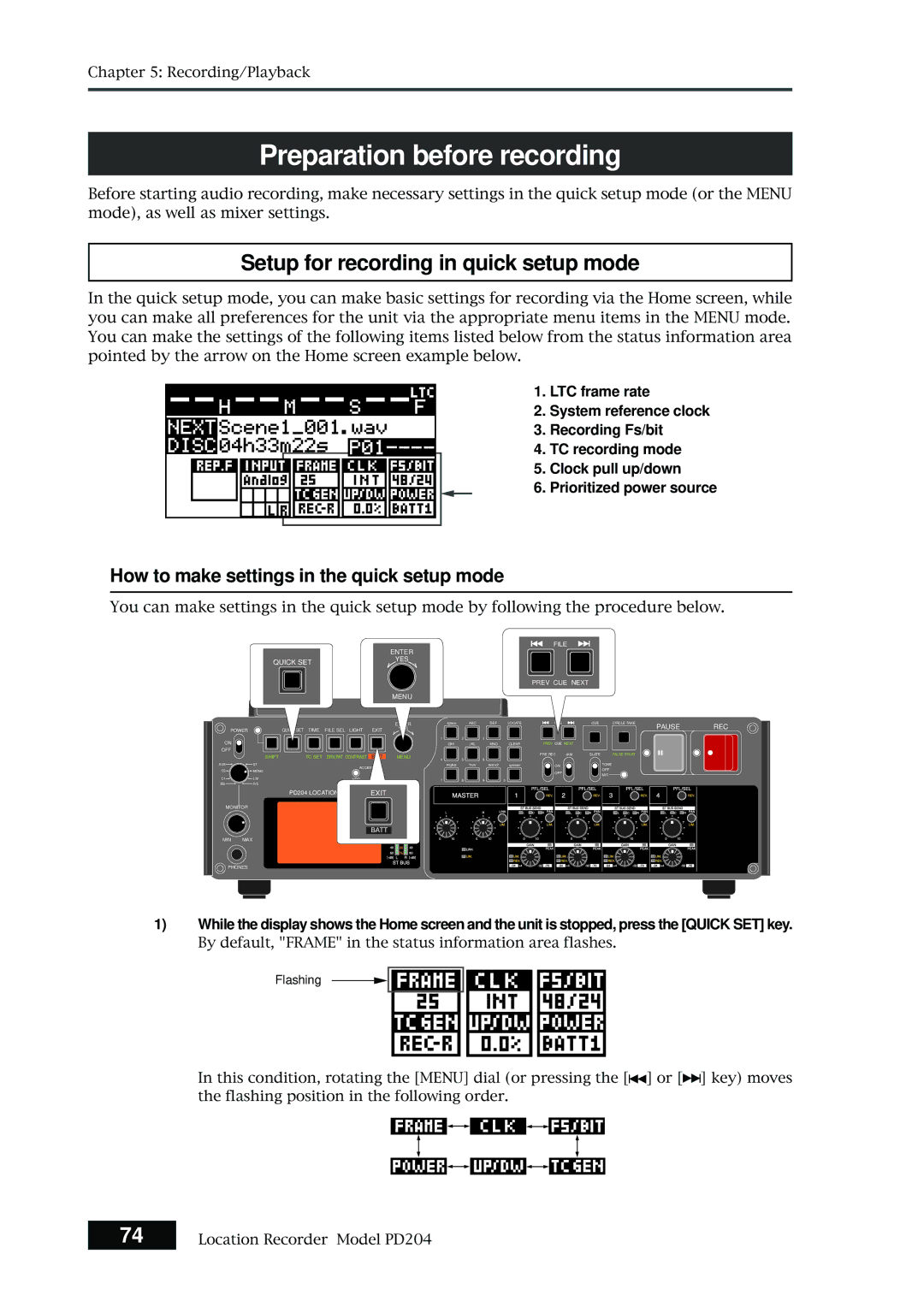 Fostex PD204 owner manual Preparation before recording, Setup for recording in quick setup mode 