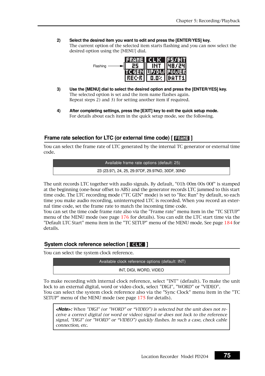 Fostex PD204 owner manual Frame rate selection for LTC or external time code, System clock reference selection 