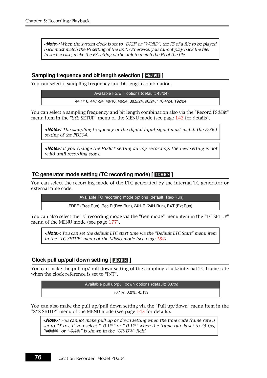 Fostex PD204 owner manual Sampling frequency and bit length selection, TC generator mode setting TC recording mode 