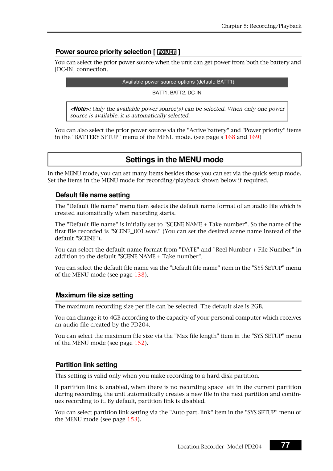 Fostex PD204 Settings in the Menu mode, Power source priority selection, Default file name setting, Partition link setting 