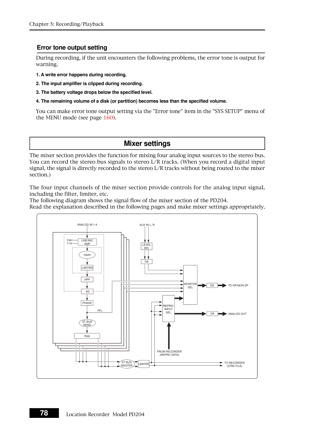 Fostex PD204 owner manual Mixer settings, Error tone output setting 