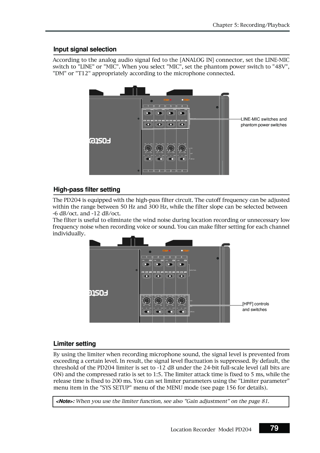 Fostex PD204 owner manual Input signal selection, High-pass filter setting, Limiter setting 