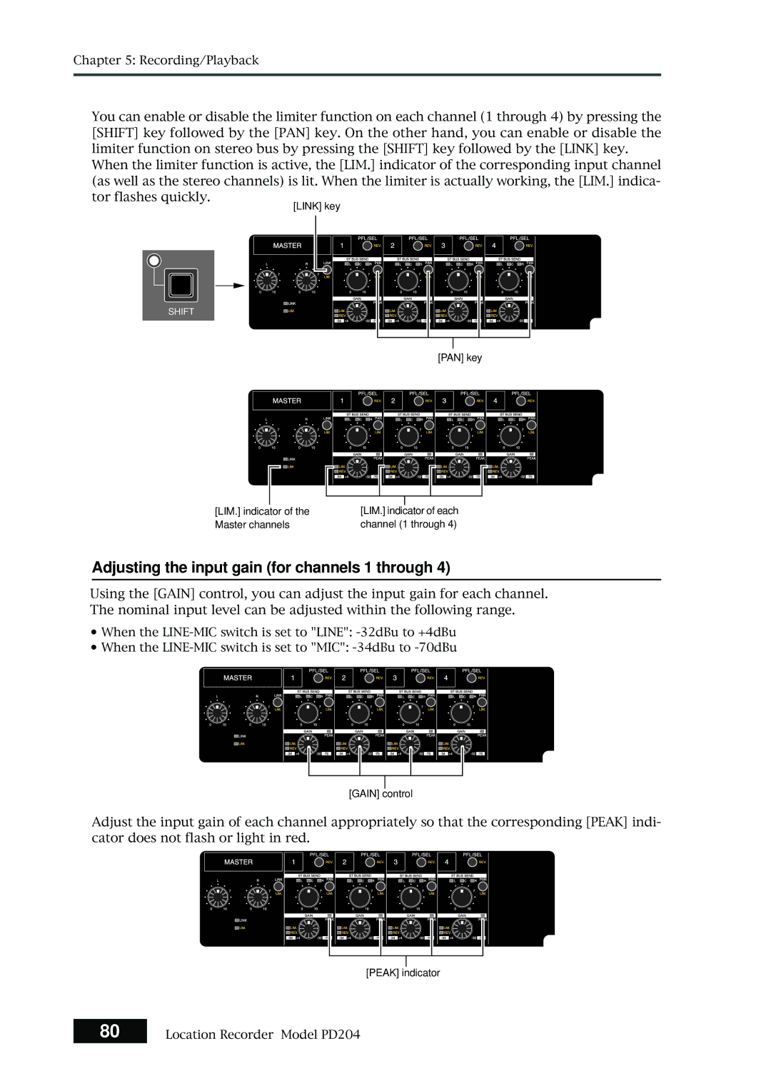 Fostex PD204 owner manual Adjusting the input gain for channels 1 through 