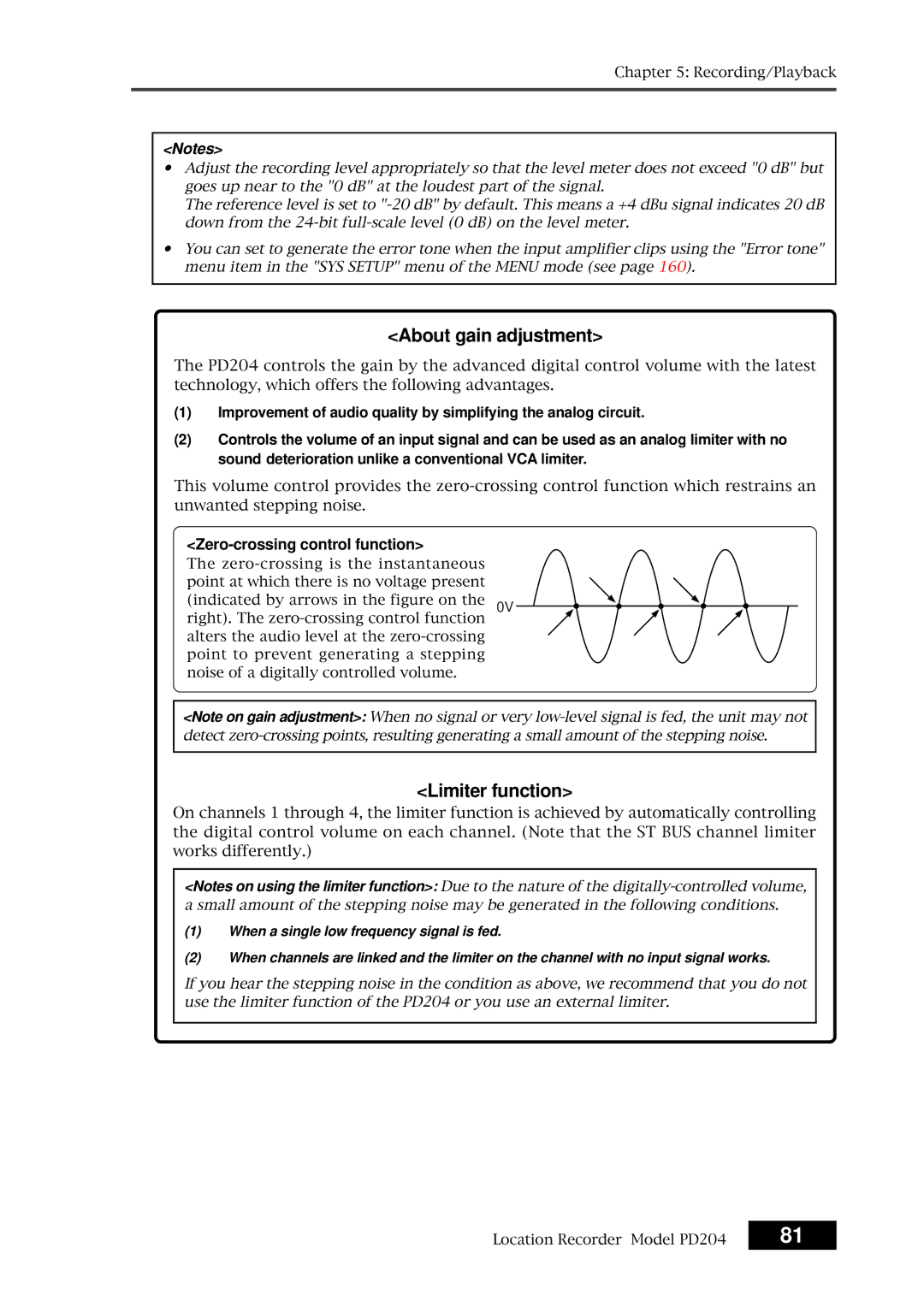 Fostex PD204 owner manual About gain adjustment, Limiter function, Zero-crossing control function 