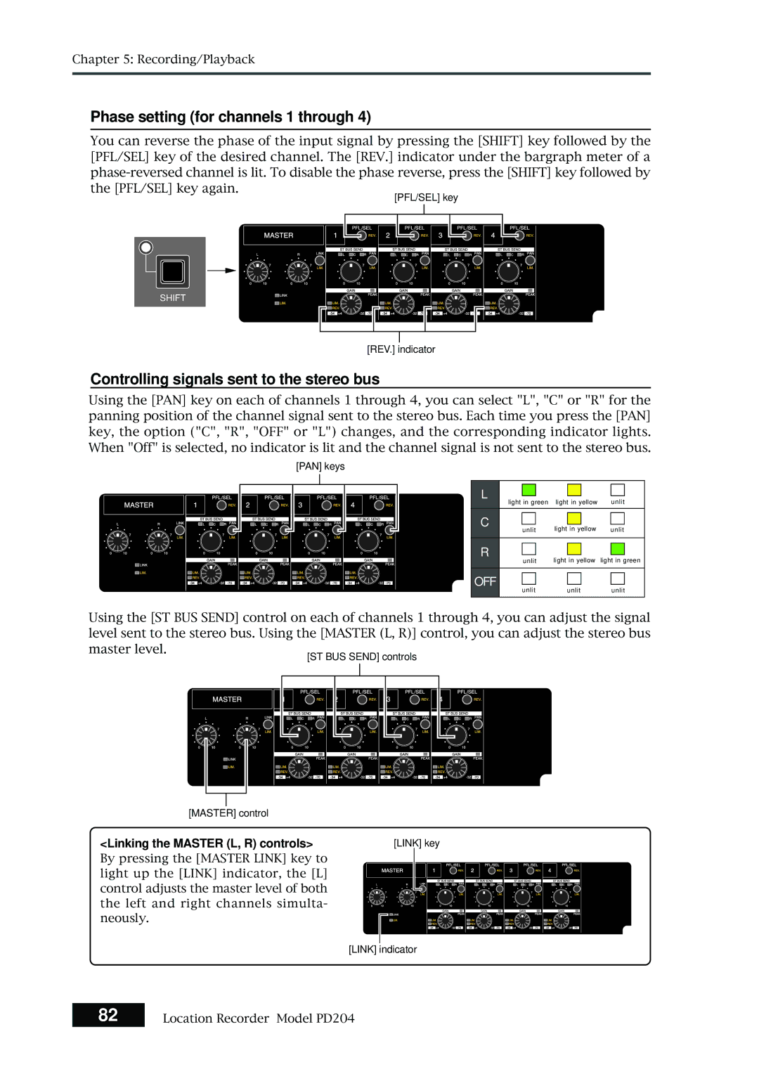 Fostex PD204 owner manual Phase setting for channels 1 through, Controlling signals sent to the stereo bus 