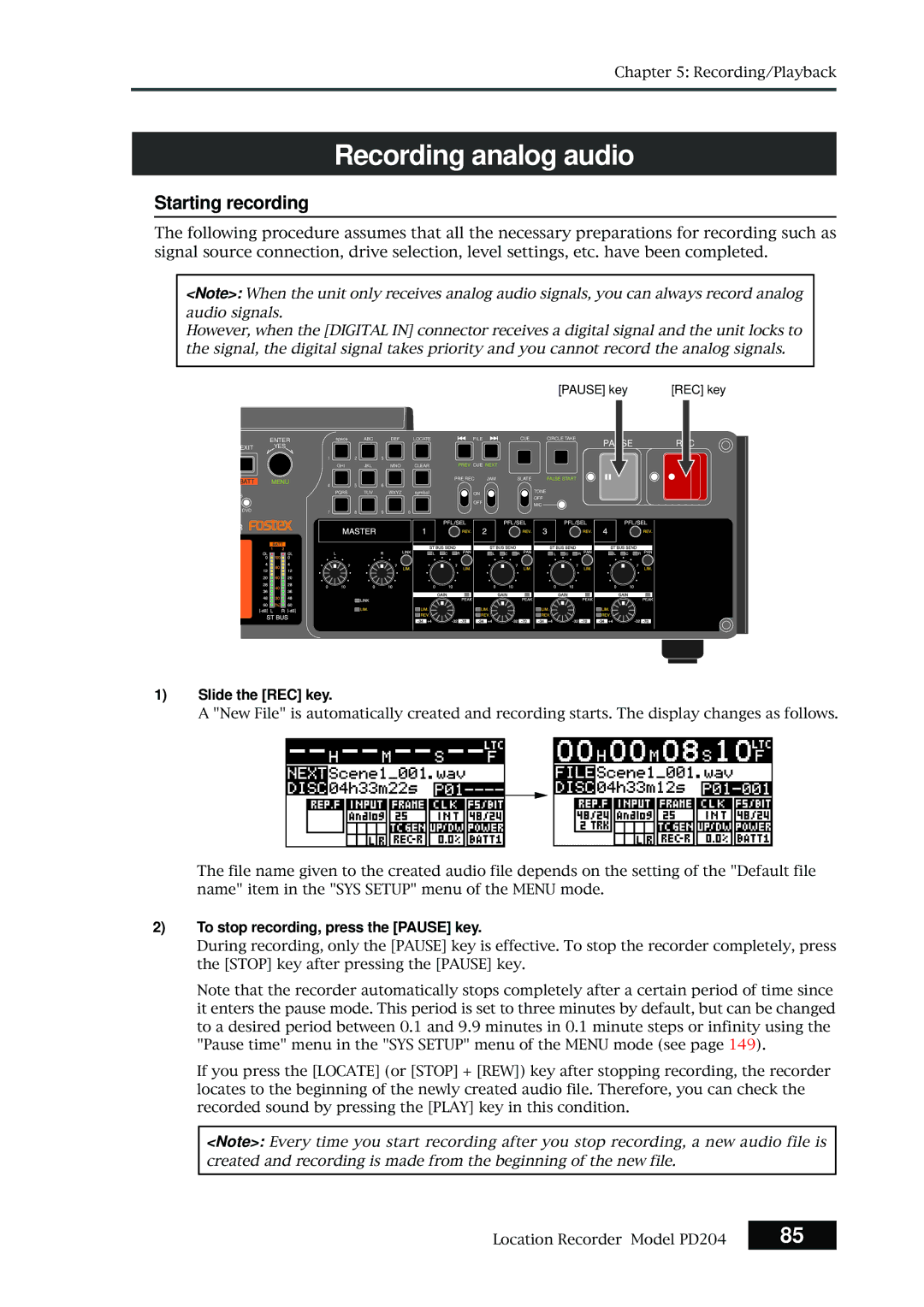 Fostex PD204 Recording analog audio, Starting recording, Slide the REC key, To stop recording, press the Pause key 