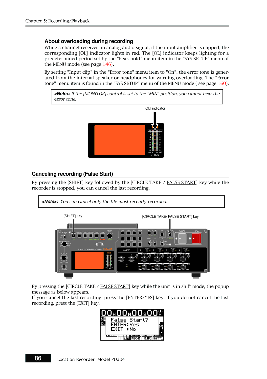 Fostex PD204 owner manual About overloading during recording, Canceling recording False Start 