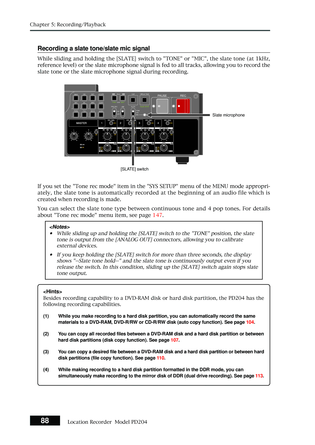 Fostex PD204 owner manual Recording a slate tone/slate mic signal, Hints 