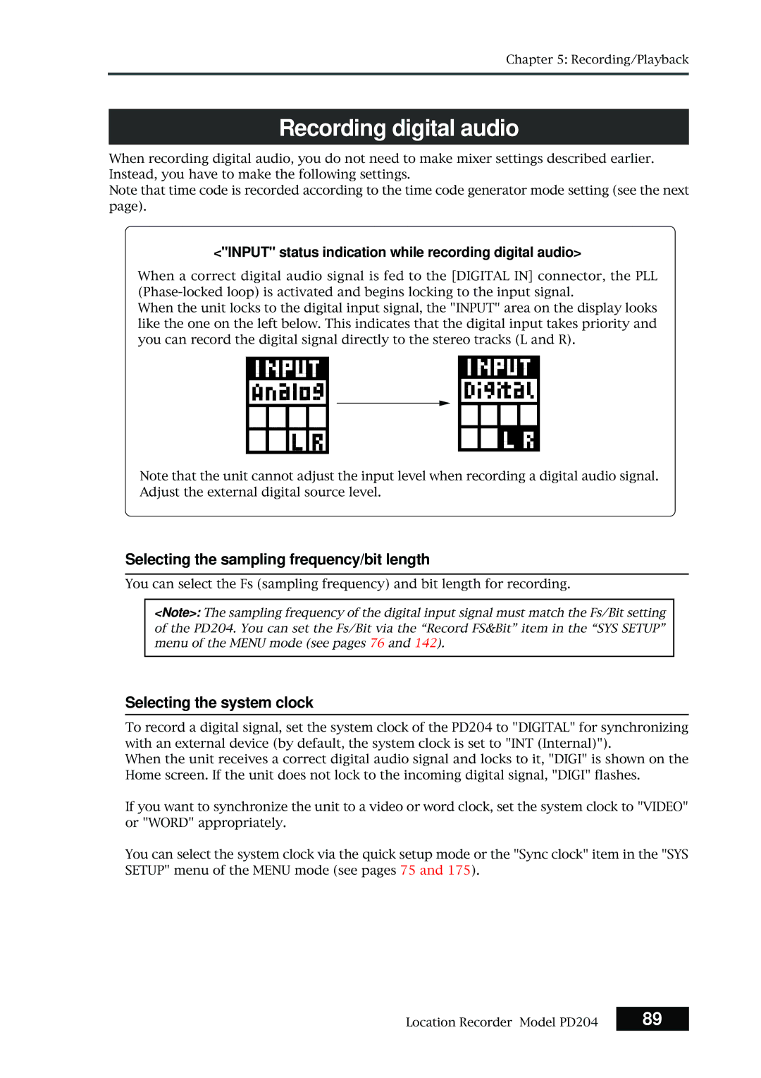 Fostex PD204 owner manual Recording digital audio, Selecting the sampling frequency/bit length, Selecting the system clock 