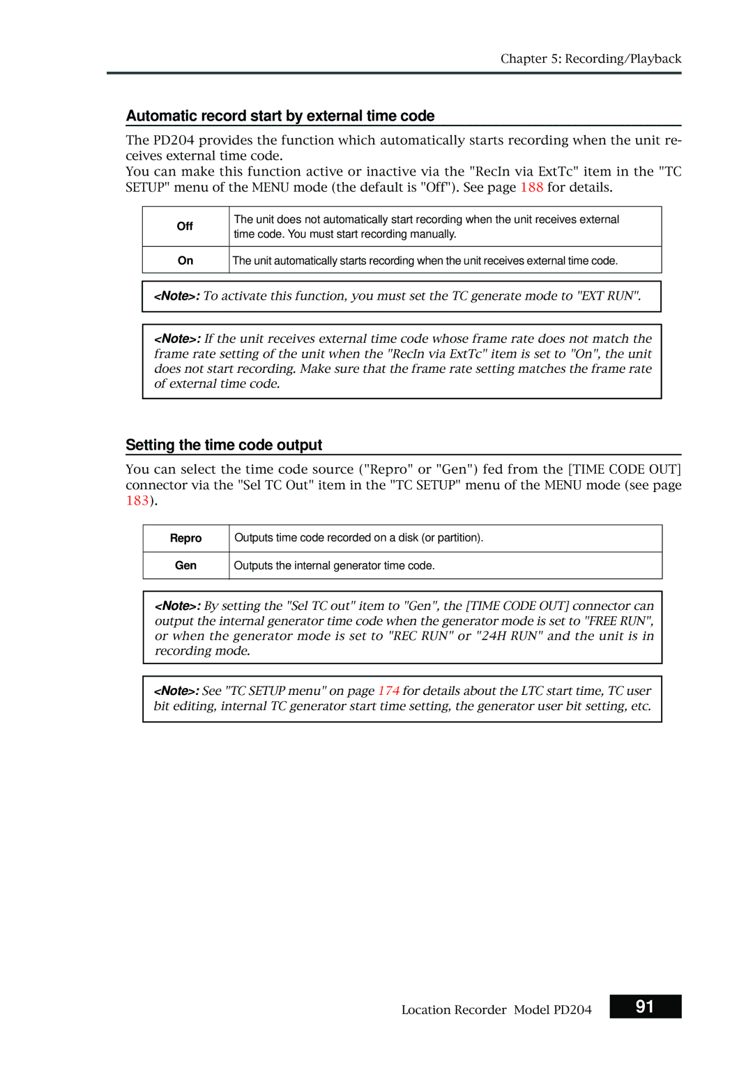 Fostex PD204 owner manual Automatic record start by external time code, Setting the time code output, Off, Repro, Gen 