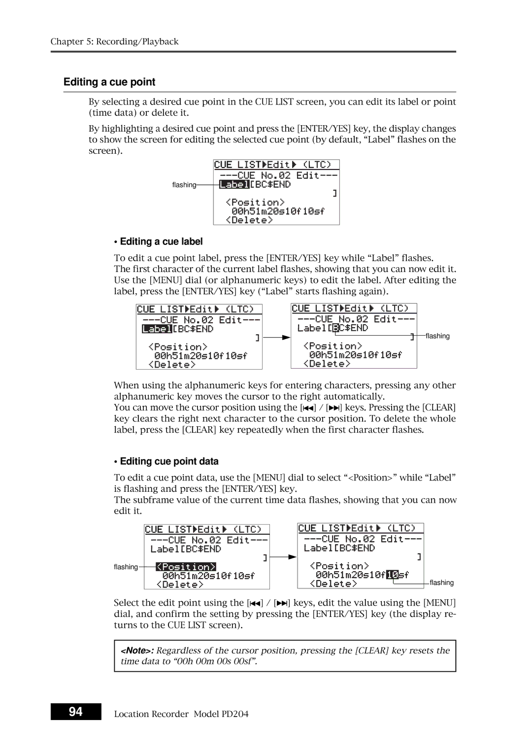 Fostex PD204 owner manual Editing a cue point, Editing a cue label 