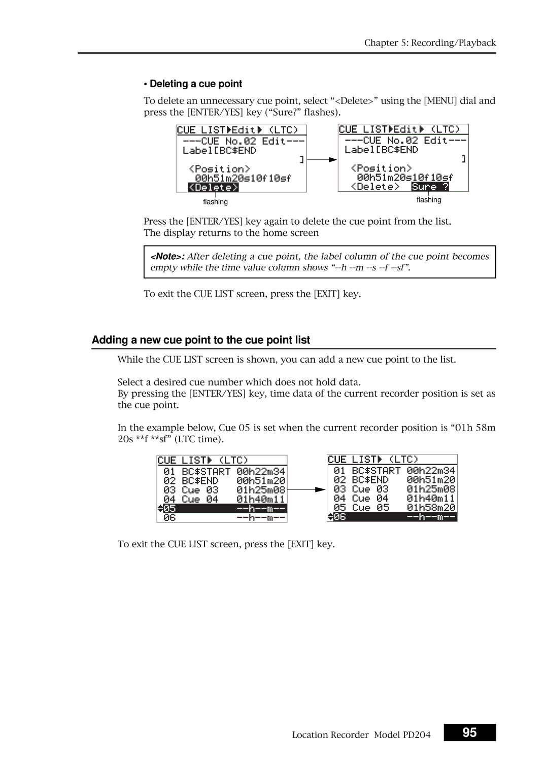 Fostex PD204 owner manual Adding a new cue point to the cue point list, Deleting a cue point 