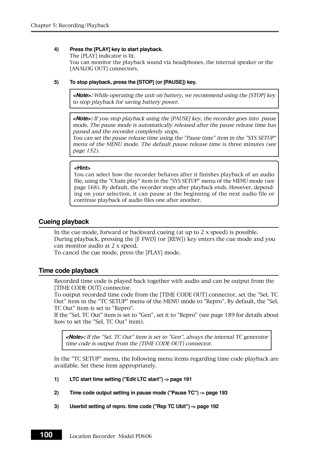 Fostex PD606 owner manual 100, Cueing playback, Time code playback 