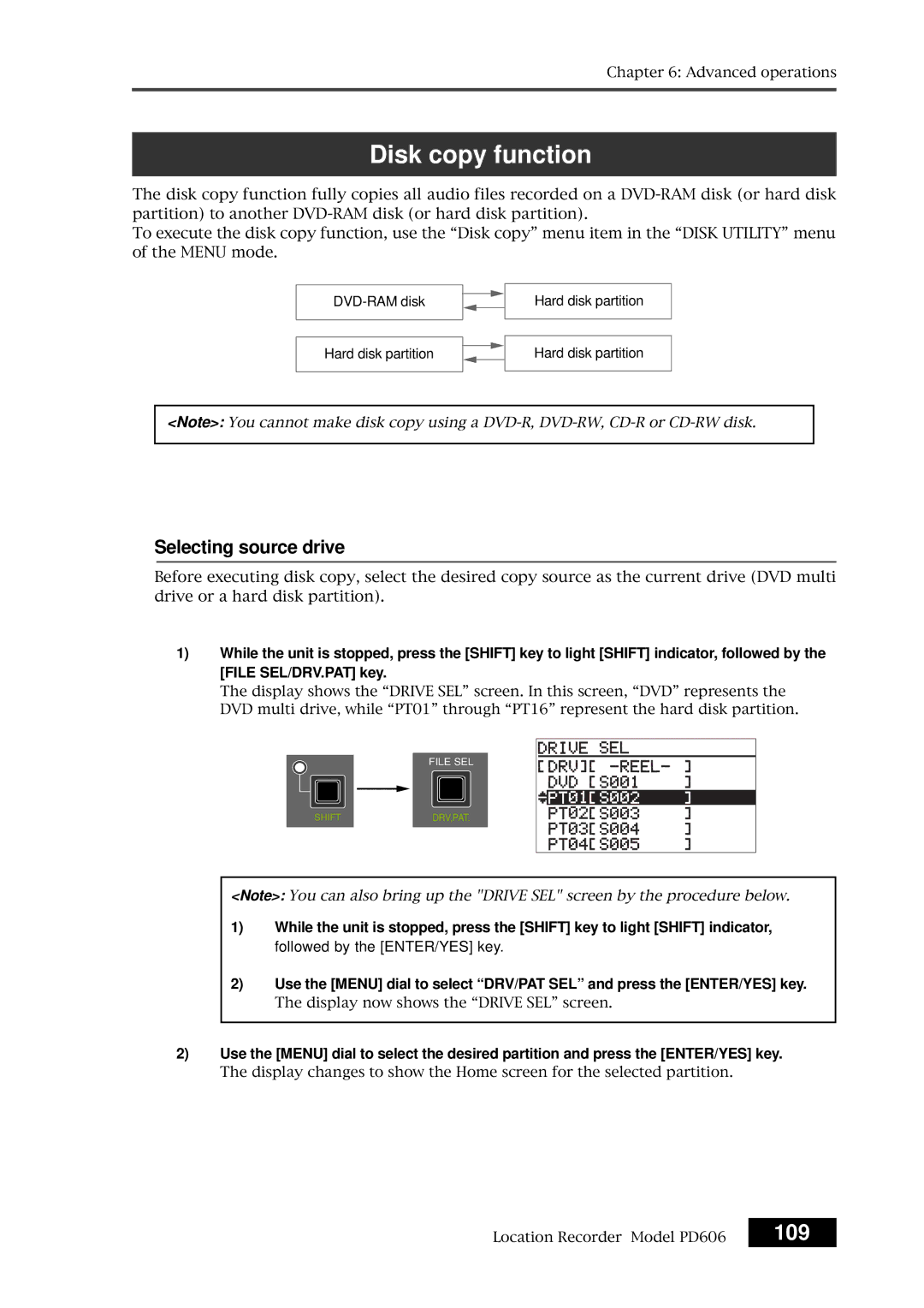 Fostex PD606 owner manual 109, Selecting source drive, DVD-RAM disk Hard disk partition 