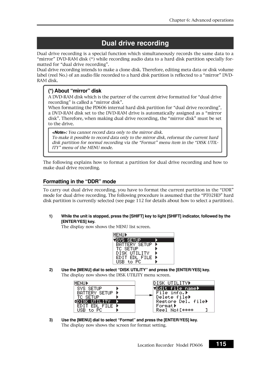 Fostex PD606 owner manual 115, About mirror disk, Formatting in the DDR mode 