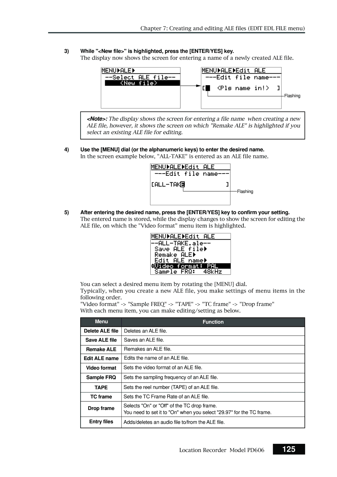 Fostex PD606 owner manual 125, While New file is highlighted, press the ENTER/YES key 