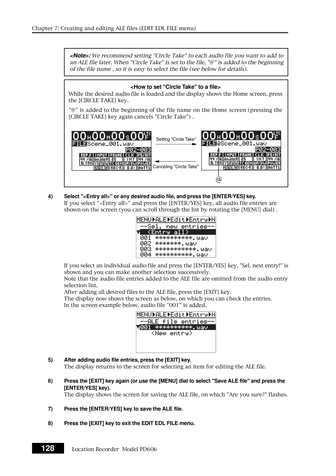 Fostex PD606 owner manual How to set Circle Take to a file, After adding audio file entries, press the Exit key 