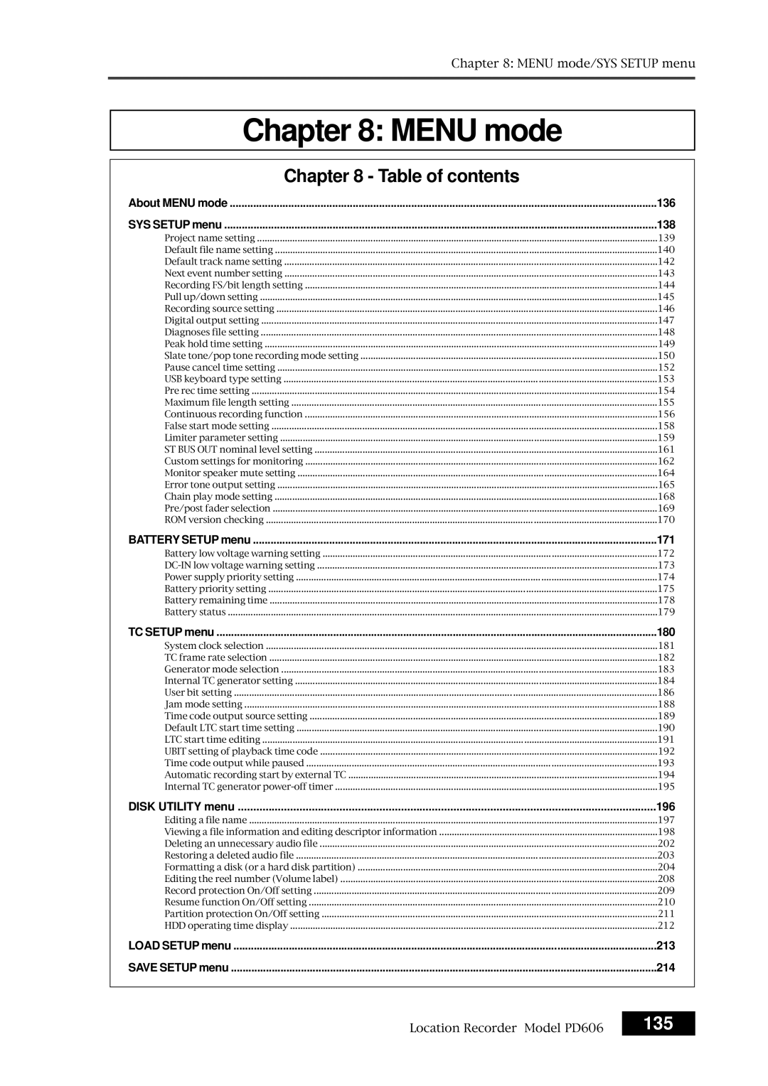 Fostex PD606 owner manual Menu mode, 135 