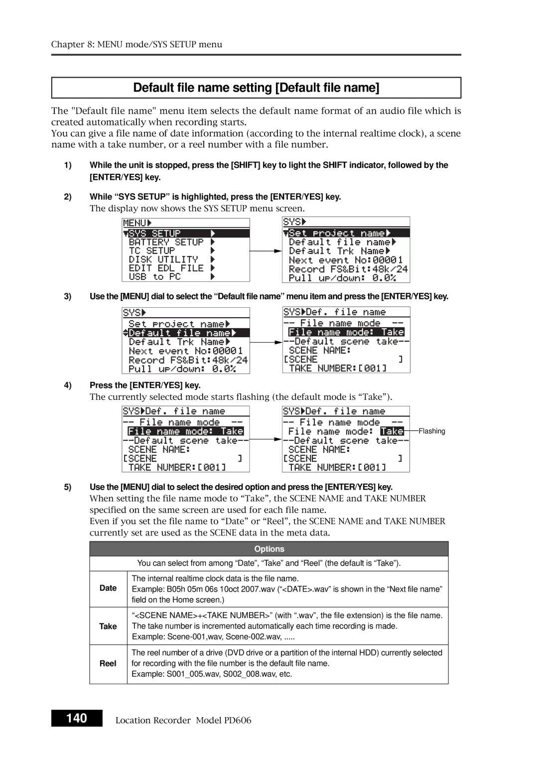 Fostex PD606 owner manual Default file name setting Default file name, Date, Take, Reel 