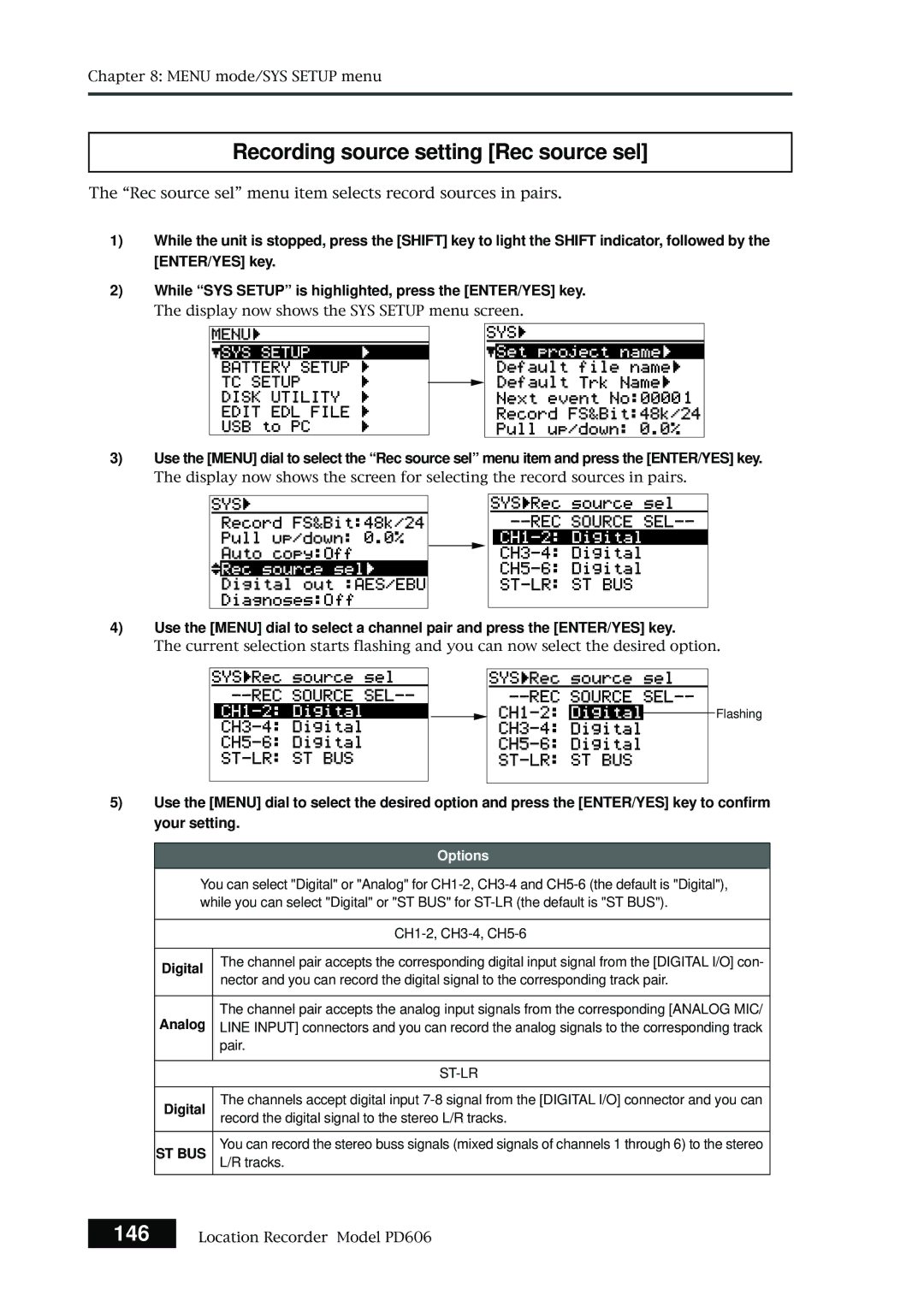 Fostex PD606 owner manual Recording source setting Rec source sel, Digital, Analog 