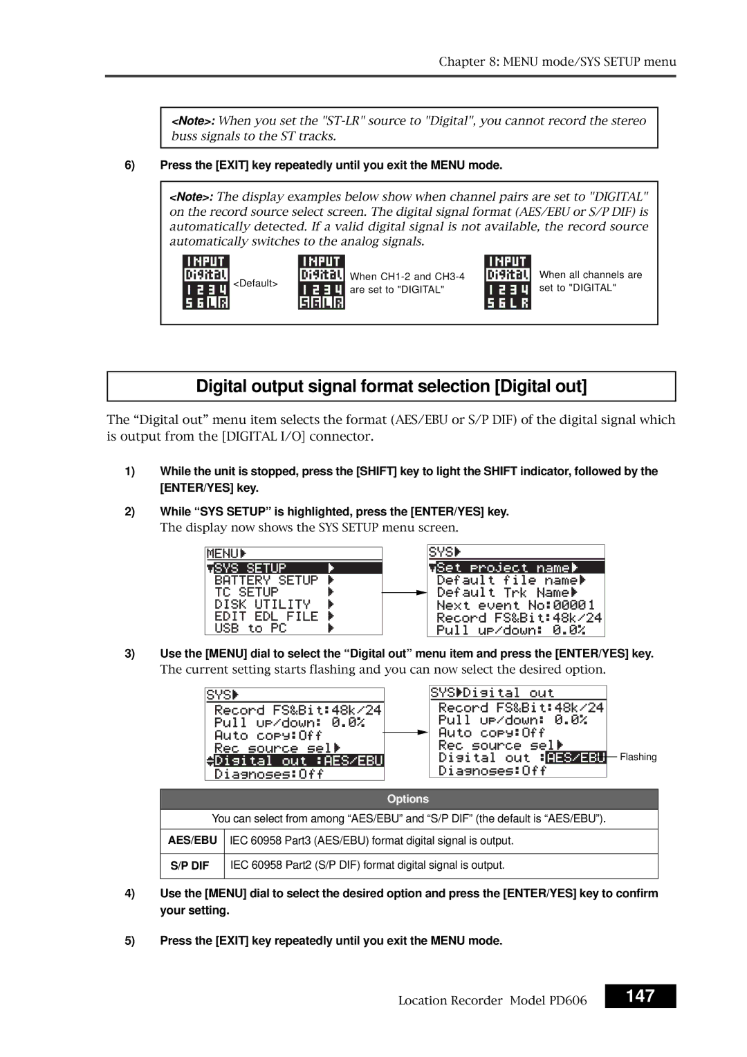 Fostex PD606 owner manual Digital output signal format selection Digital out, 147 