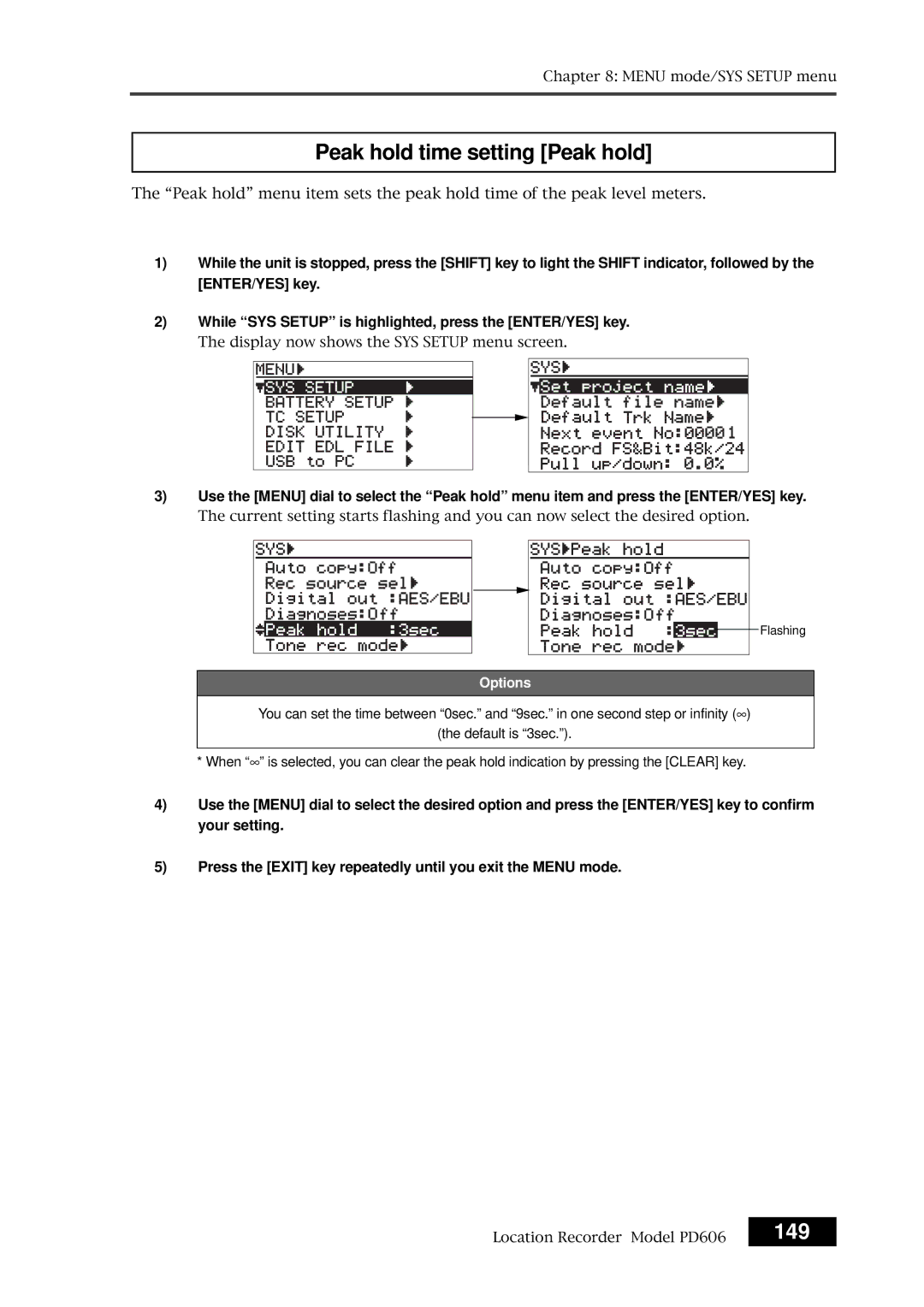 Fostex PD606 owner manual Peak hold time setting Peak hold, 149 