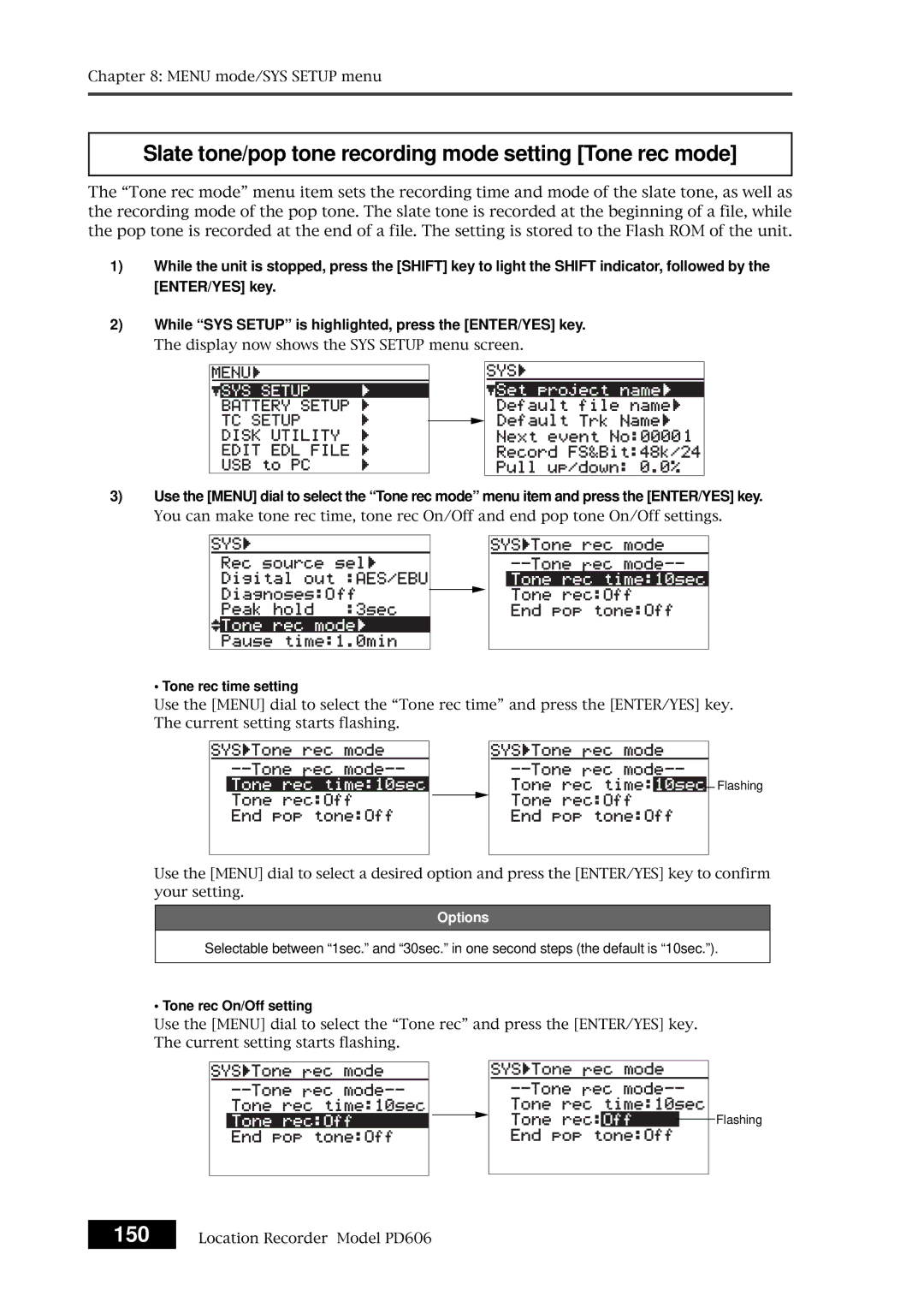 Fostex PD606 Slate tone/pop tone recording mode setting Tone rec mode, Tone rec time setting, Tone rec On/Off setting 