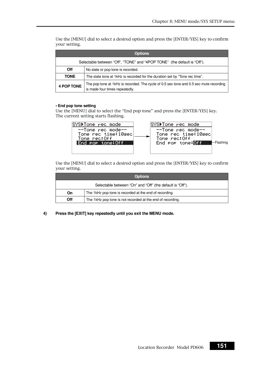 Fostex PD606 owner manual 151, End pop tone setting 