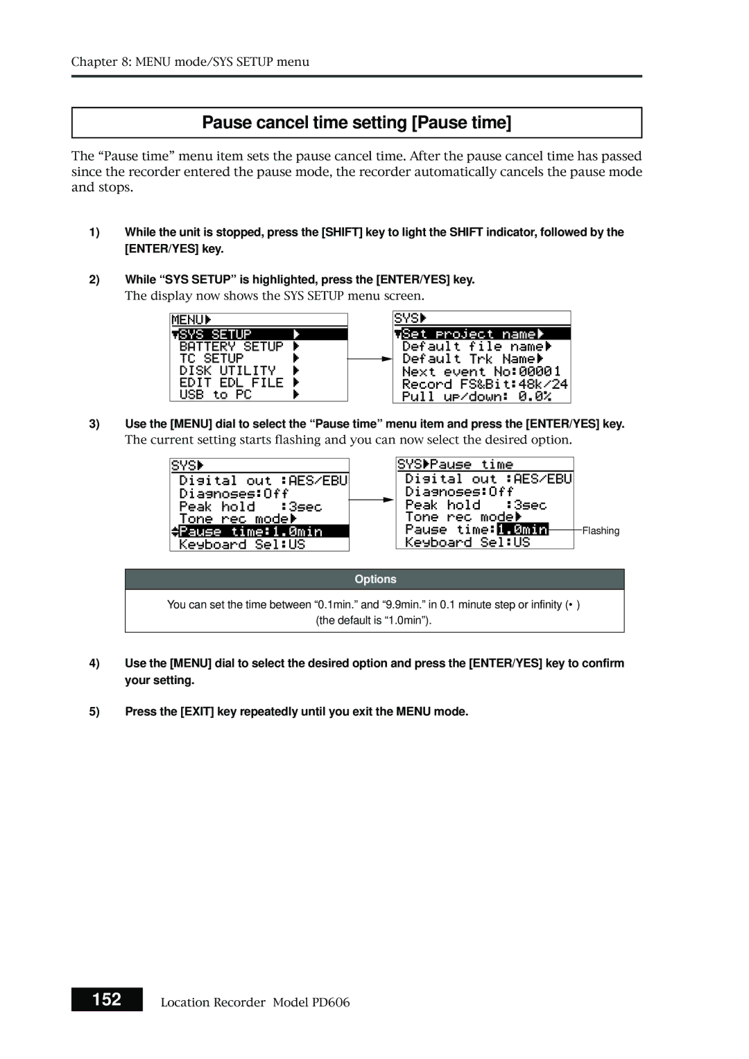 Fostex PD606 owner manual Pause cancel time setting Pause time 