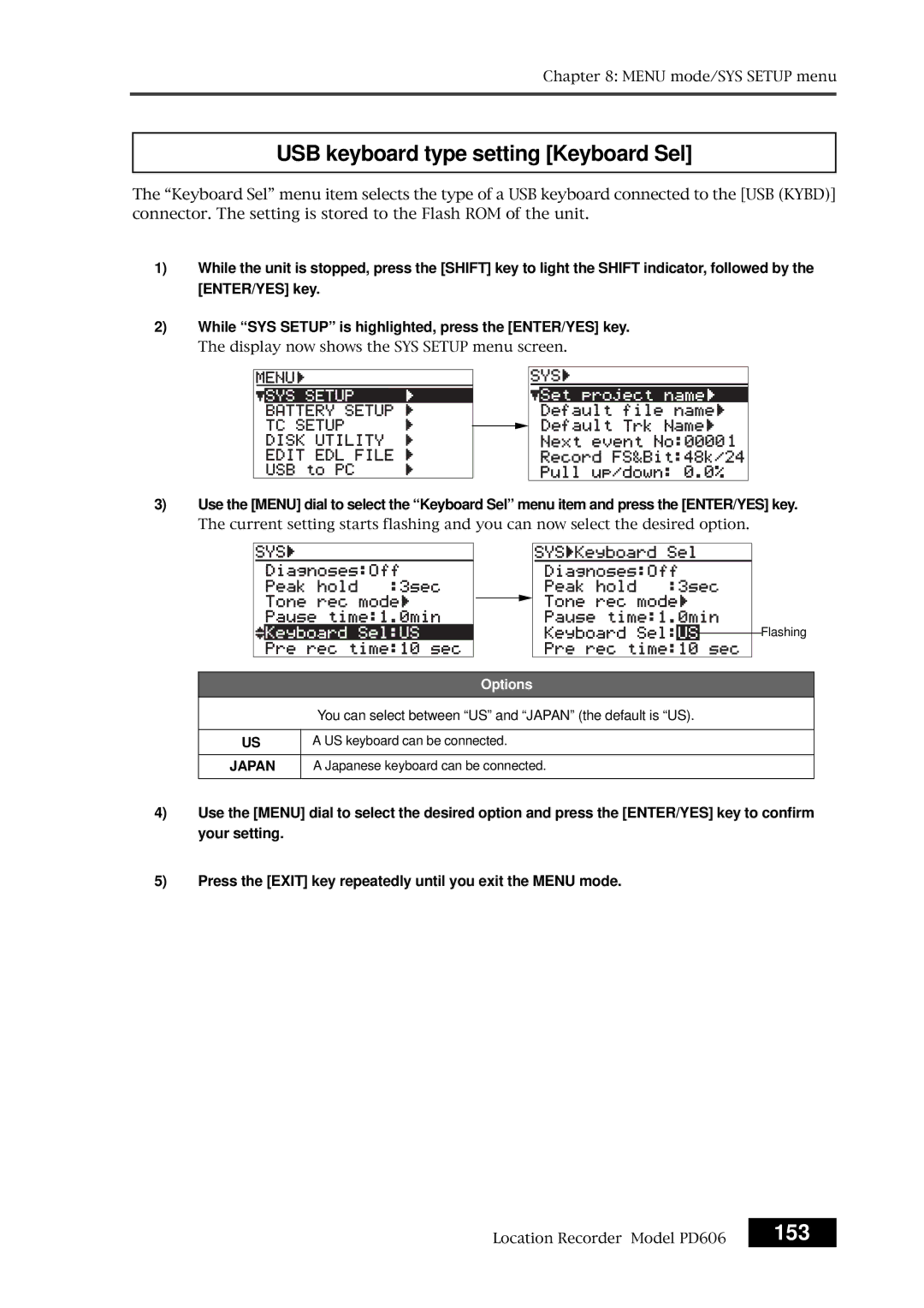 Fostex PD606 owner manual USB keyboard type setting Keyboard Sel, 153 