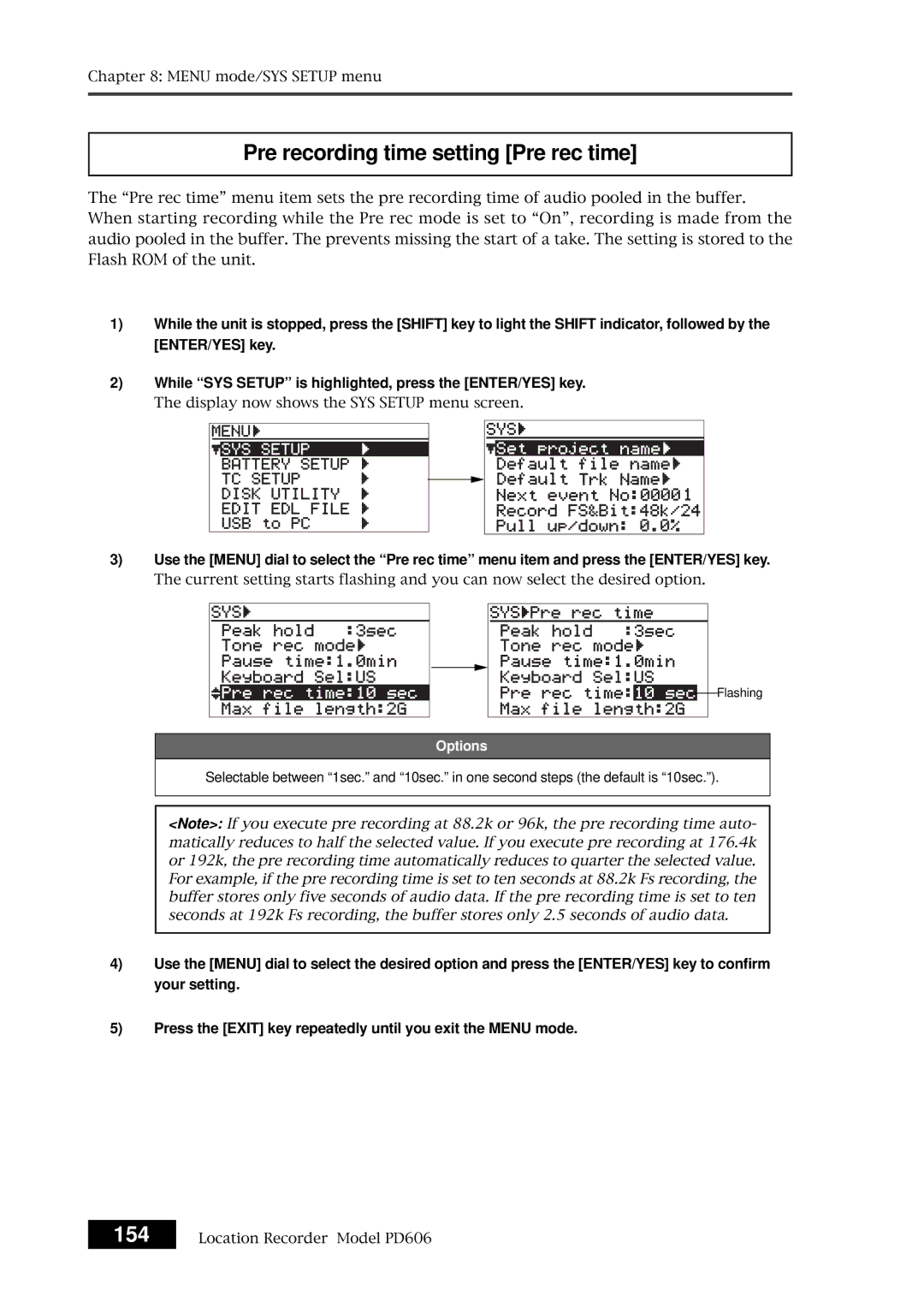 Fostex PD606 owner manual Pre recording time setting Pre rec time 