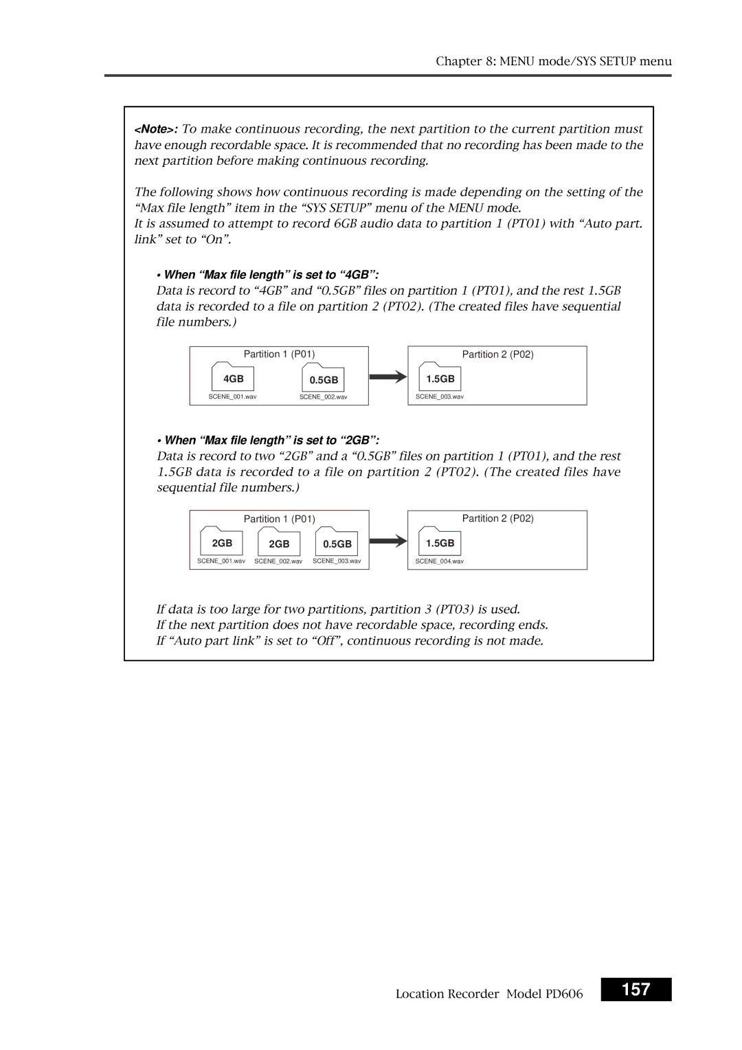 Fostex PD606 owner manual 157, When Max file length is set to 4GB 