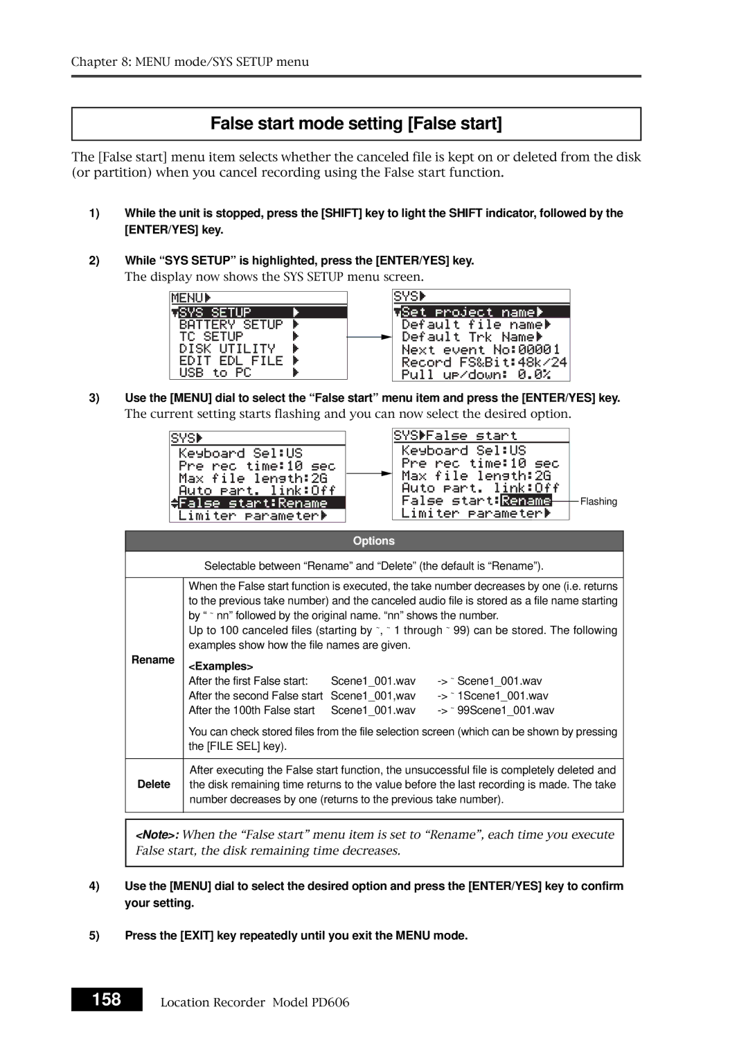 Fostex PD606 owner manual False start mode setting False start, Examples 