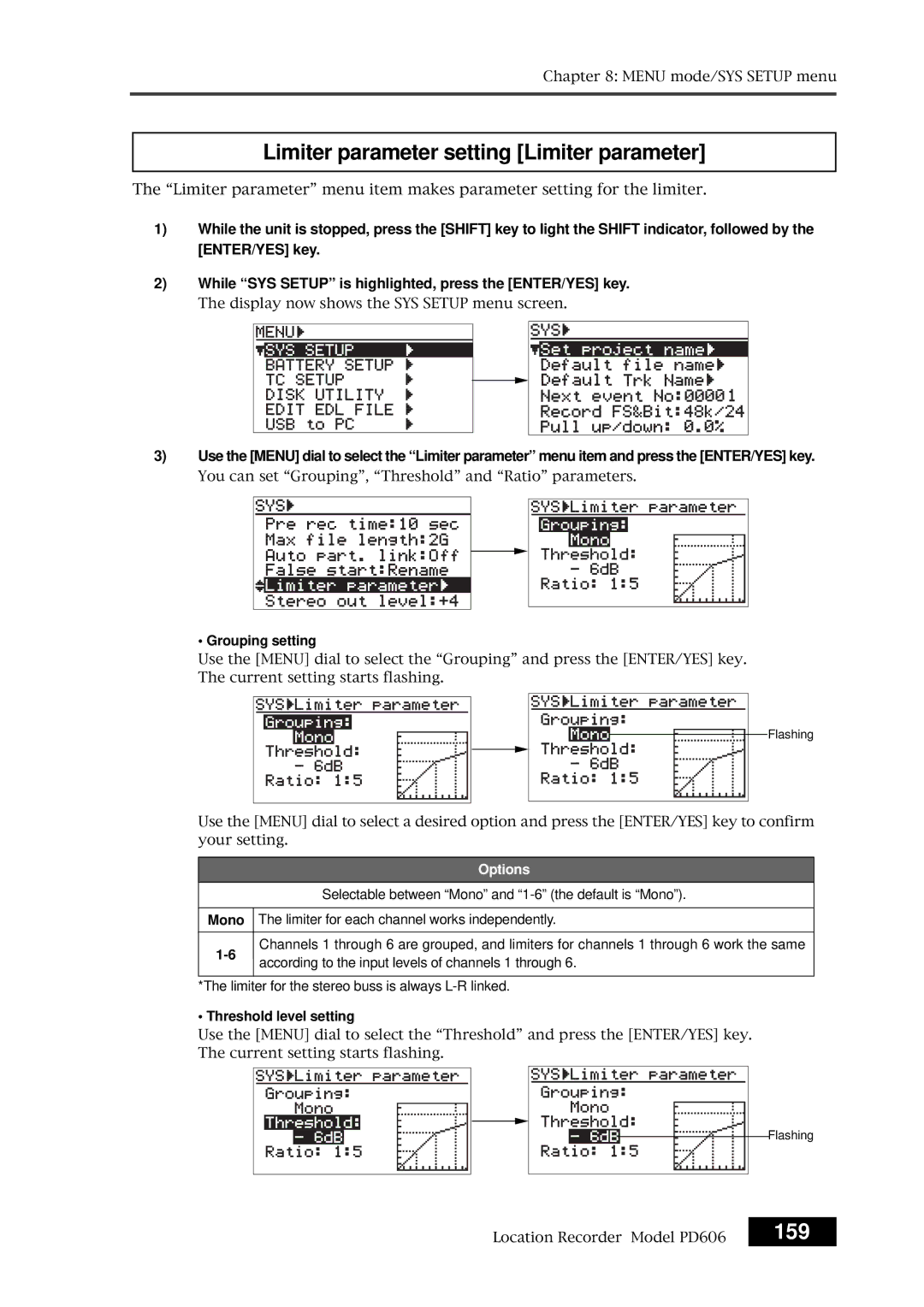 Fostex PD606 owner manual Limiter parameter setting Limiter parameter, 159 