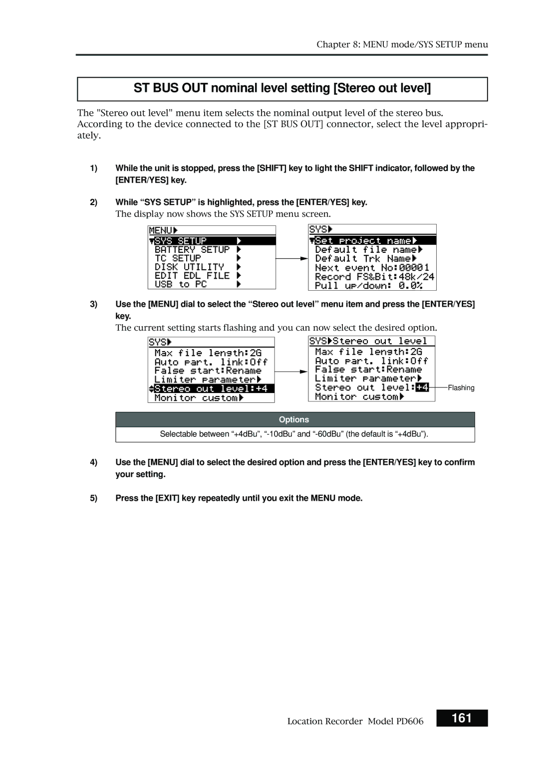 Fostex PD606 owner manual ST BUS OUT nominal level setting Stereo out level, 161 